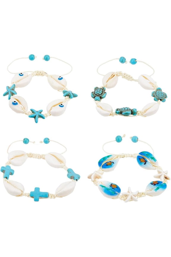 1box 4 Styles Natural Shell Bracelets 4Pcs Beach Seashell Bracelet Hand Woven Adjustable Sea Turtle Starfish Bracelets Ankle Bracelets Summer Ocean Bracelets Jewelry for Women Ladies