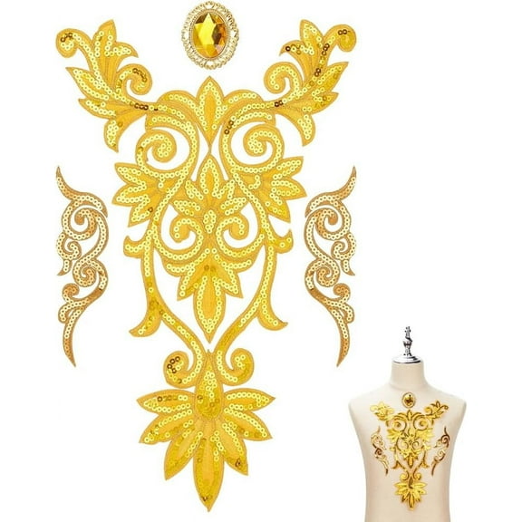 1box 4 pcs Mesh Embroidery Applique set golden Embroidery Patches with Paillettes Polyester Cloud Shape Sew on Patches with Rhinestone for Party Dress Stage Clothes Women 15.2x10inch