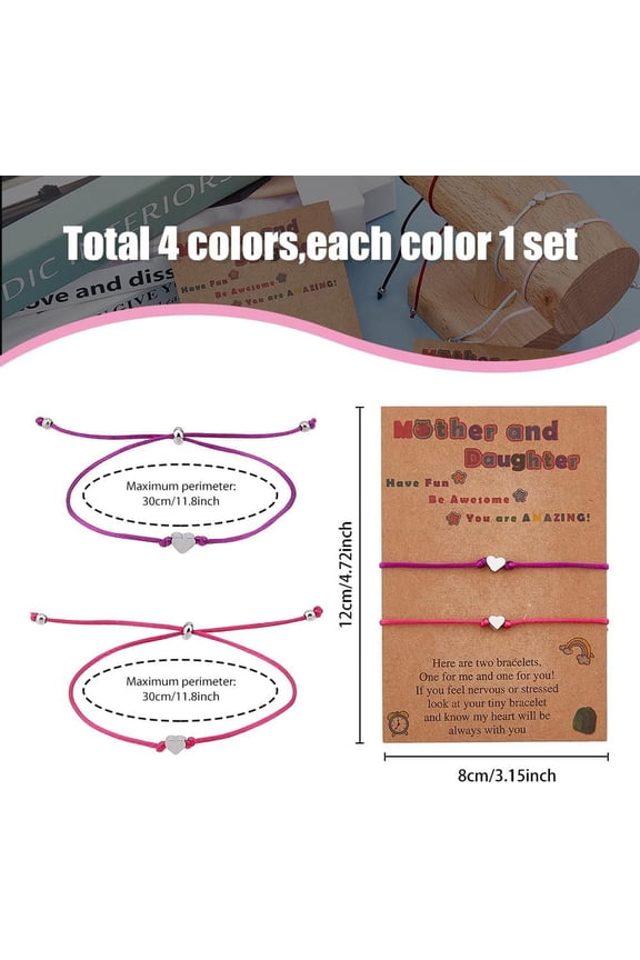 1box 4 sets 4 color Brass Heart Beaded Slider Bracelets set Polyester Adjustable Stackable Bracelets for Women Mixed color Inner Diameter: 3-1/4 inch(8.2cm) 2pcs/set 1 set/color