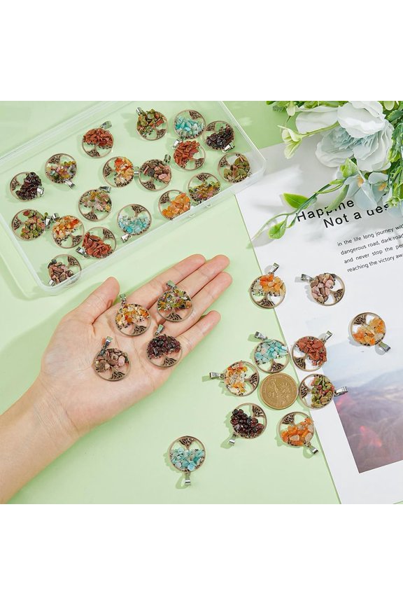 1box 4 sets 8 styles & Mixed Stone Chip Pendants with Tone Alloy Findings Flat Round with Life of Tree Charm 29x25x4~6mm Hole: 4x7mm 1pc/style 8pcs/set