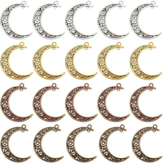 1box 40 pcs 4 Colors Tibetan Style Alloy Hollowed Moon Charms Pendant for Necklace Bracelet Jewelry DIY Craft Making Bronze/Golden/Silver/Red Copper