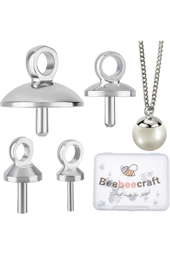 1box 40Pcs 4 Size Eye Pin Bail Peg Pendants 925 Sterling Silver Plated Pearl Cup Eye Pins with Small Pearl Cup for Half Drilled Beads Jewelry Making Findings Silver