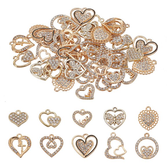 1box 40pcs 10 styles Alloy Rhinestone Pendants Heart & Butterfly & Word Love Golden 13.5~23x14.5~20x1.5~2.5mm Hole: 1.5~2mm 4pcs/style