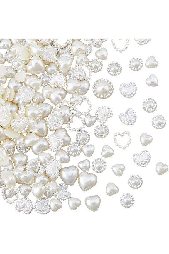 1box 460pcs Plastic Imitation Pearls Cabochons Heart Beige Creamy-White Pearls 3D Half Round Art Decorations Love Nail Charms for Beautiful Nail Art DIY Crafts Accessories Beige