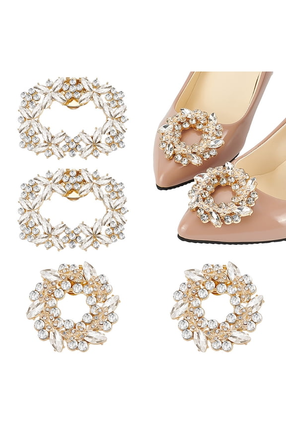1box 4Pcs 2 Styles Rectangle Flower Brass Rhinestone Shoe Decorations Detachable Shoe Buckle Clips 54~64.5x51~56x9.8~15mm 2pcs/style