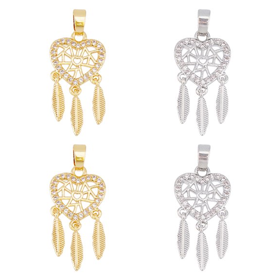 1box 4pcs 2 colors Brass Micro Pave Clear Cubic Zirconia Pendants Heart Woven Net/Web with Feather Charm Mixed color 24mm Hole: 5x2.5mm 2pcs/color