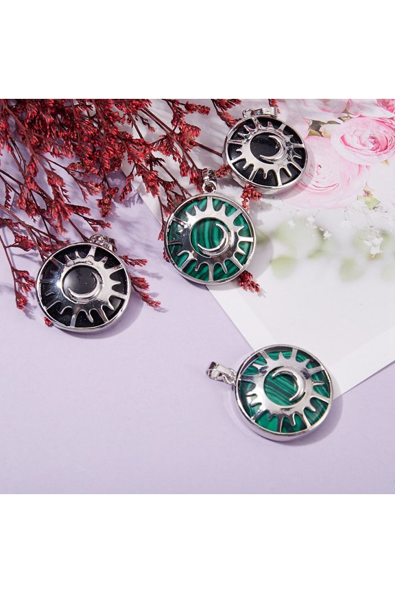 1box 4pcs 2 colors Malachite & Goldstone Pendants with Brass Findings Flat Round with Sun & Moon 31x27.5x8mm Hole: 5x7mm 2pcs/color
