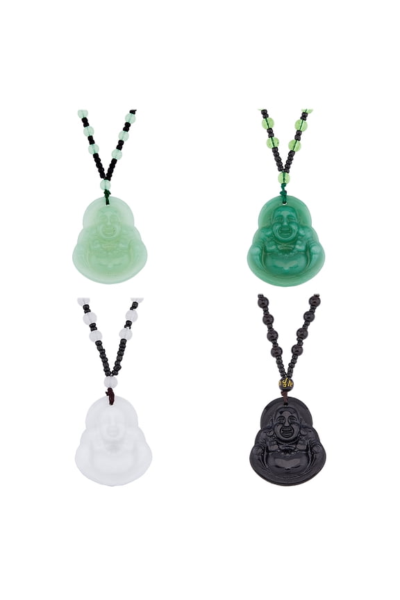 1box 4pcs 4 colors Resin Imitation Maitreya Buddha Necklaces set Om Mani Padme Hum Beaded Buddhist Necklaces for Men Women Mixed color 25.20~25.59 inch(64~65cm) 1pc/color