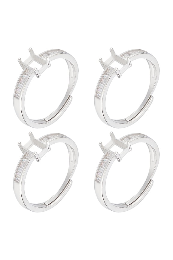 1box 4pcs Adjustable Brass Pad Ring Settings with Clear Cubic Zirconia Prong Ring Settings 925 Sterling Silver Plated Inner Diameter: 17.8mm Tray: 4.5x3mm