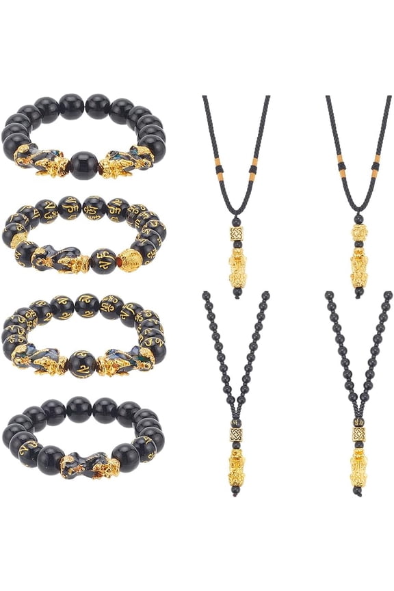1box 4pcs Om Mani Padme Hum Resin Mala Bead Bracelet 4pcs Alloy Pi Xiu Necklace Jewelry set for Men Women Black Inner Diameter: 2-1/8~2-1/2 inch(5.55~6.2cm) 19.29~26.77 inch(49~68cm)