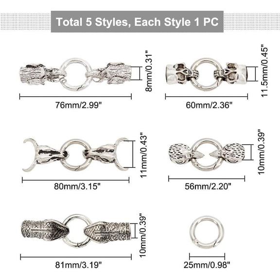 1box 5 sets 5 styles style Alloy Cord Ends Antique Silver Spring Gate Rings Animal Head O Rings Cord Ends Leather Cord Buckle Column End Clasps for Jewelry Making