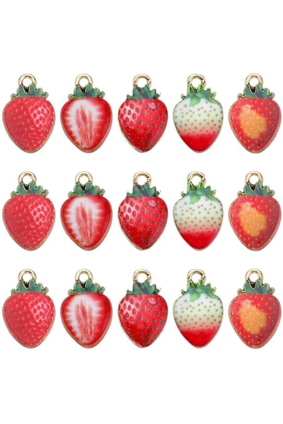 1box 50pcs 5 styles Printed Alloy Pendants Strawberry Charm Light golden Mixed color 17x10.5x2.5mm Hole: 1.8mm 10pcs/style