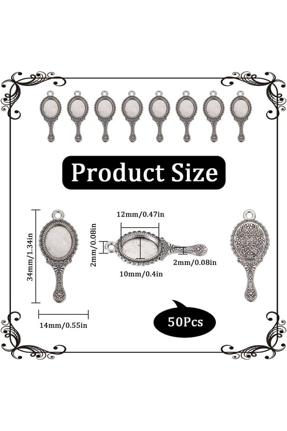 1box 50pcs style Alloy Pendants Mirror Charm Antique Silver 34x14x2mm Hole: 2mm