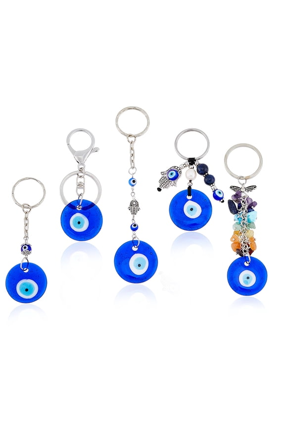 1box 5Pcs 5 Style Handmade Lampwork Keychain with Alloy Brass Iron Split Key Rings Flat Round Blue Platinum 7.3~13.4cm 1pc/style