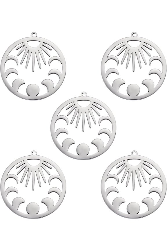1box 5pcs 201 Stainless Steel Pendants Laser Cut Moon Phase Stainless Steel color 30x28x1mm Hole: 1.4mm