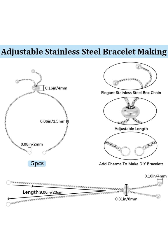 1box 5pcs Adjustable 304 Stainless Steel box Chain Link Bracelet Making Slider Bracelets Fit for Connector Stainless Steel color 9 inch(23cm)