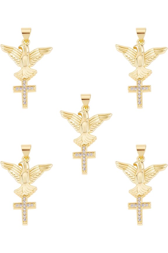 1box 5pcs Brass Micro Pave Clear Cubic Zirconia Pendants Nickel Free Eagle with Cross golden 29.5x21x3mm Hole: 3x5mm