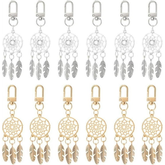 12 Pcs 2 Colors Dream Catcher Keychain Alloy Woven Net with Feather Pendant Charms King Ring with Swivel Clasp for DIY Jewelry Crafts Hanging Decorations Bronze/Silver