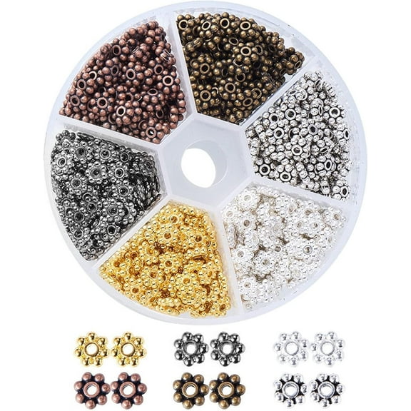 1box 600pcs Tibetan Flower Spacer Beads 6 Colors Metal Alloy Daisy Beads 6mm Jewelry Spacers Flat Loose Beads for Bracelet Necklace Jewelry Making