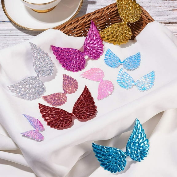 1box 60pcs 2 Sizes Glitter Fabric Angel Wings Embossed 10 colors Iridescent Wings Patches Sequined Applique for bag Clothes Hair Crafts Decoration