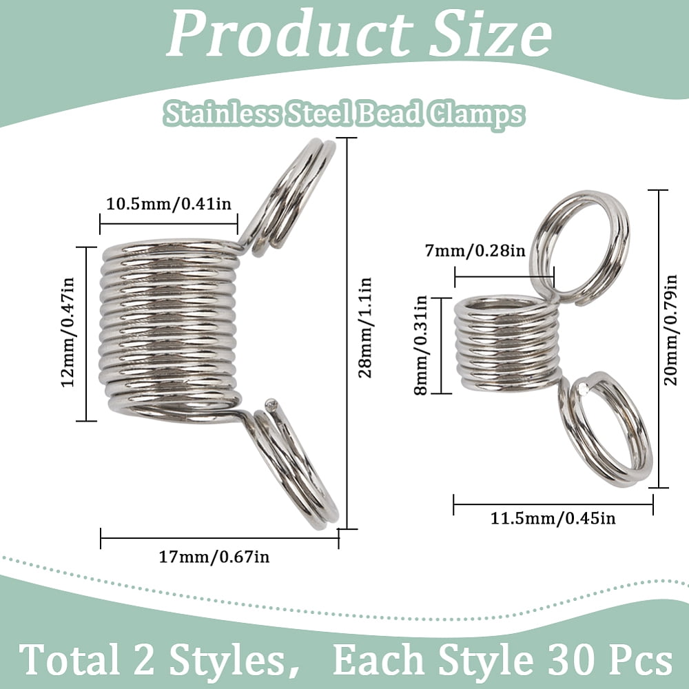 Spring Bead Fastener 1box 60pcs 2 styles Stainless Steel Spring Bead Clamps for Beading ...