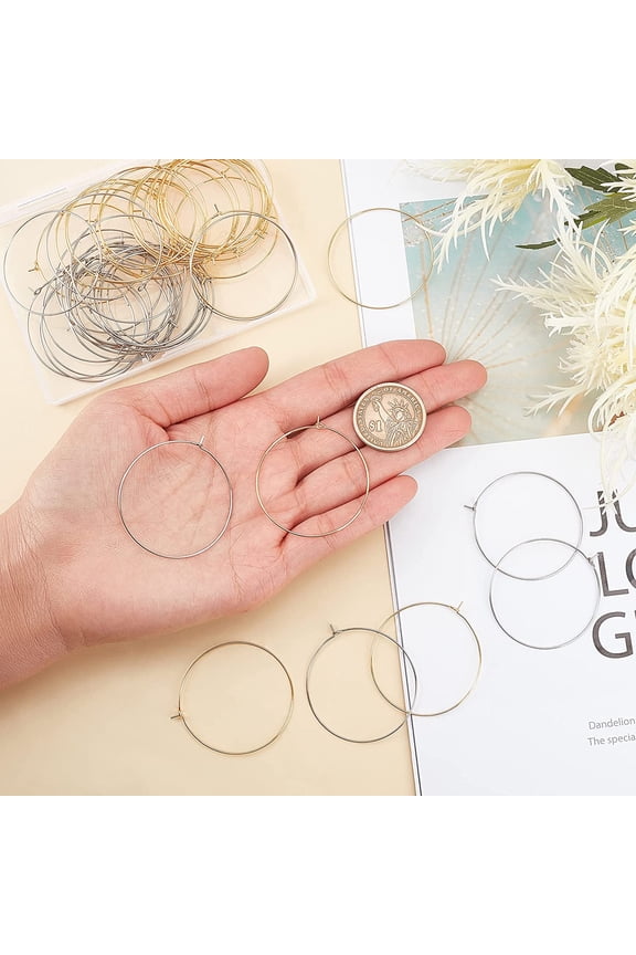1box 60pcs 45mm 2 colors Surgical Stainless Steel Beading Hoop Earrings Finding Wine Glass Hoop Earring Rings Hypoallergenic Round Shape Earrings for Jewelry Making Craft