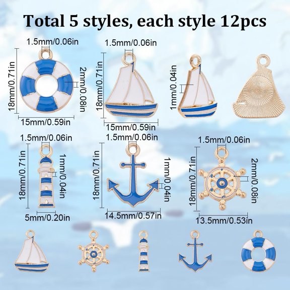 1box 60pcs 5 styles Alloy Enamel Pendants Ocean Theme Golden Helm/Ship/Anchor/Lifebuoy/Lighthouse Mixed Shapes 18x5~15x1~2mm Hole: 1.5mm 12pcs/style