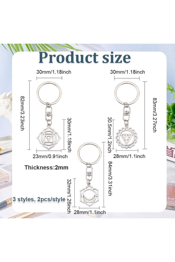 1box 6pcs 3 style Chakra Alloy Symbol Keychains for Car bag Ornaments Svadhisthana/Vishuddha/Muladhara Mixed Shapes 8.2~8.4cm 2pcs/style