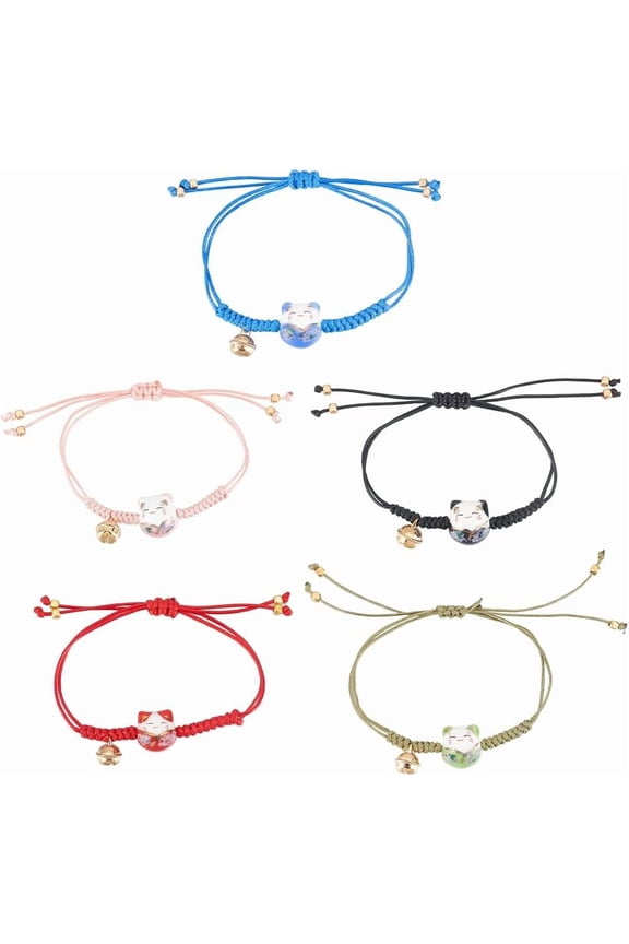 1box 6pcs 6 colors Bell Charm Bracelets set Porcelain Cat Beaded Adjustable Bracelets for Women Mixed color Inner Diameter: 3/4~3-3/8 inch(2~8.5cm) 1pc/color