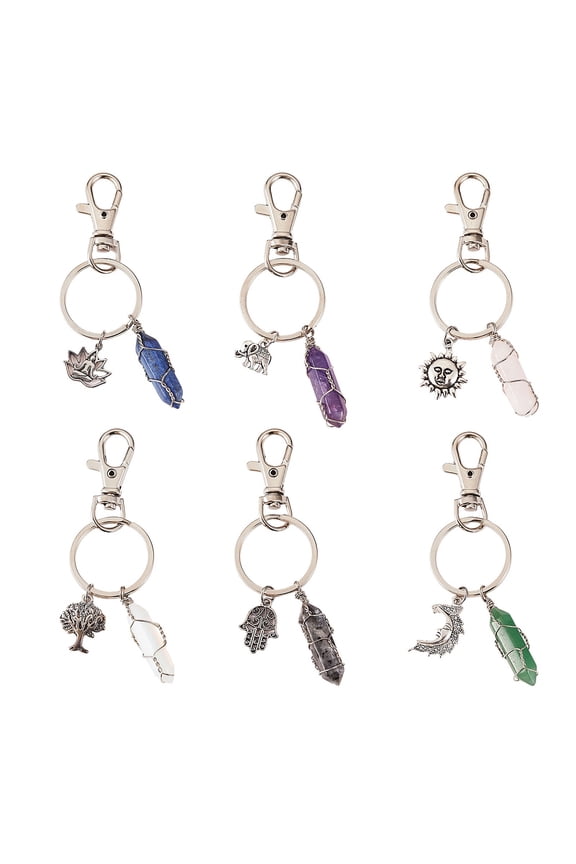 1box 6pcs 6 style & Copper Wire Wrapped Keychains with Iron Split Key Rings with Alloy Pendants Mix-shaped 10~10.5cm 1pc/style