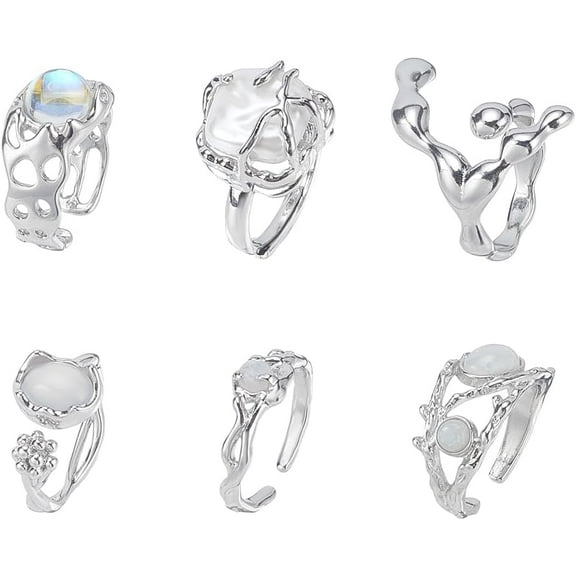 1box 6pcs 6 styles Moonstone & Cat Eye Open Cuff Rings set Brass Jewelry for Women Inner Diameter: 15.5~18mm 1pc/style