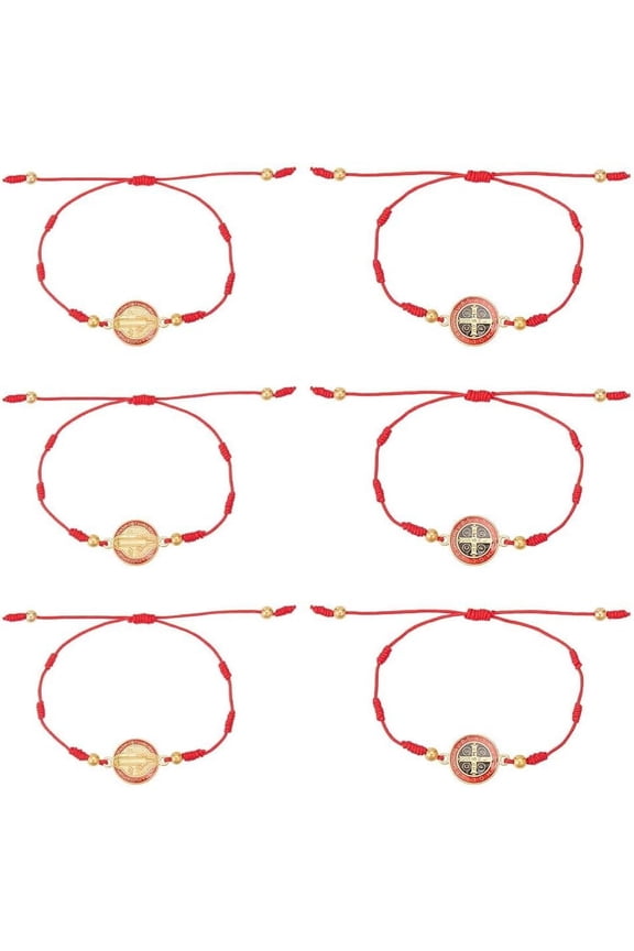 1box 6pcs Saint Benedict Medal Alloy Link Bracelets set Polyester Cord Adjustable Bracelets Red Inner Diameter: 2-1/2~3-1/4 inch(6.5~8.3cm)