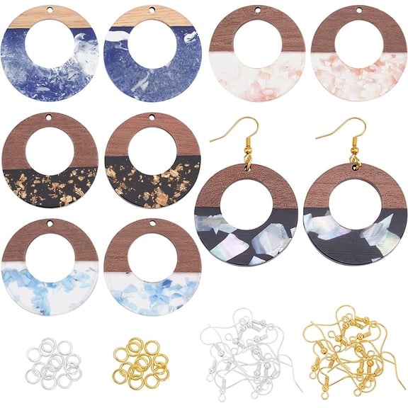 1box 70Pcs Wood Resin Earring Pendants Walnut Wood Resin Charms Jewelry Findings with Earring Hooks and Jump Rings for Earring Making - Mixed Color