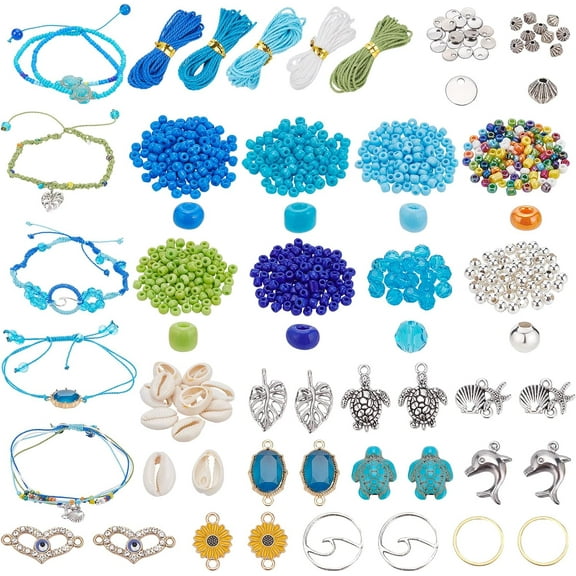 1box 735pcs Surfer Wave Bracelet Making Kit Ocean Animal Jewelry MakingSet Bohemia Woven Anklet Bracelet Making Kit Blue Seed Bead Beach Bracelets for Summer Seaside Stackable Jewelry Making