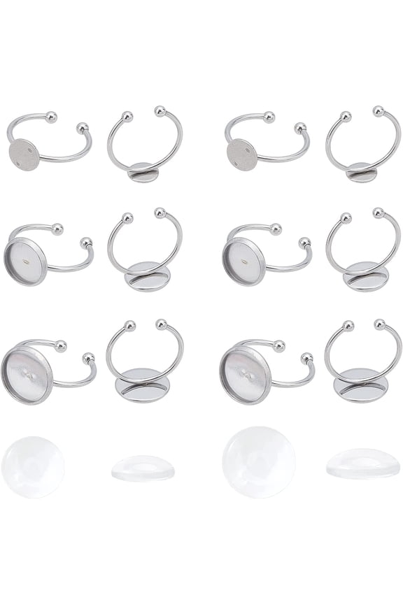 1box 8/10/12mm Tray Cuff Finger Rings 18 Sets Stainless Steel Bezel Rings with Half Round Glass Cabochons Size 7 Finger Rings Components for Ring Making Stainless Steel Color Silver DIY