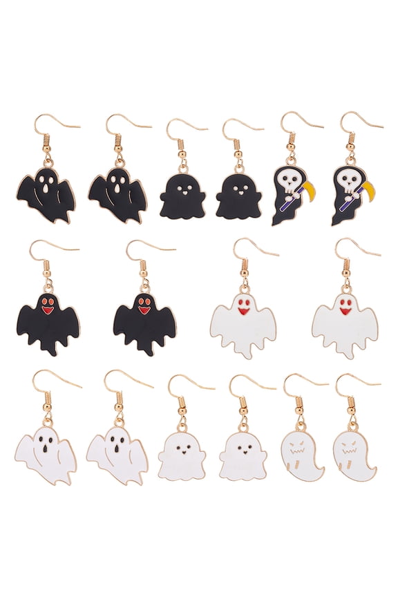 1box 8 Pairs 8 style Ghost Enamel Dangle Earrings sets Golden Alloy Jewelry for Women Black and White 39~45mm Pin: 0.8mm 1 Pair/style
