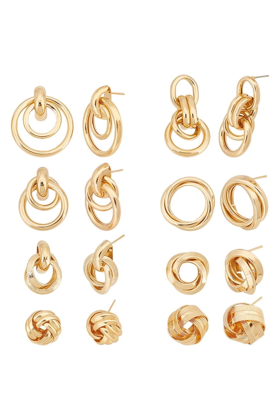 1box 8 Pairs 8 style Iron & Alloy & 316 Surgical Stainless Steel Stud Earrings Ring Knot Drop Earrings for Women Golden 19~44x19~30mm 1 Pair/style