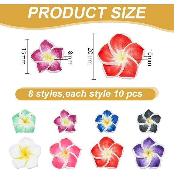 1box 80 pcs Polymer Flower Beads 8 colors Handmade Clay Plumeria Beads 3D Flower Beads 5-Petal Tropical Floral Frangipani Bead for Bracelet Necklace Jewelry Making Craft Hole 2mm
