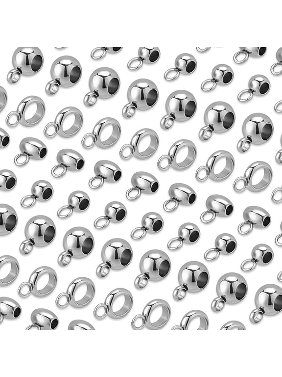 1box 80pcs 304 Stainless Steel Bails Beads 4 styles Roundelle Barrel Large Hole Hanger Links Connectors with Charm Loop for Snake Chain European Bracelet Pendant 2~4mm Hole
