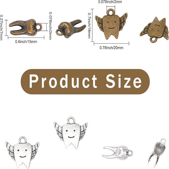 1box 80pcs 4 style Alloy Pendants Tooth Antique Bronze & Antique Silver 15~20x7~20x2~5mm Hole: 1.6~2mm 20pcs/style