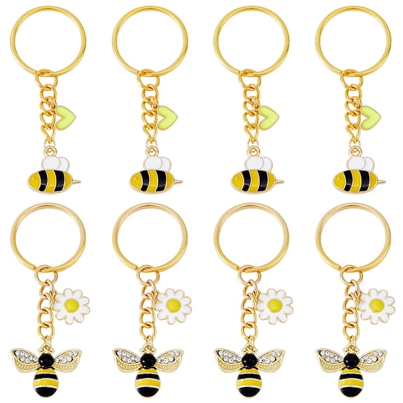 1box 8pcs 2 styles Golden Bee Charms Keychain Rhinestone Honey Bee Keychains Cute Animal Keychain Bumble Bee Keychain Alloy Enamel Insect Key Ring for Women Handbags Purses Alloy