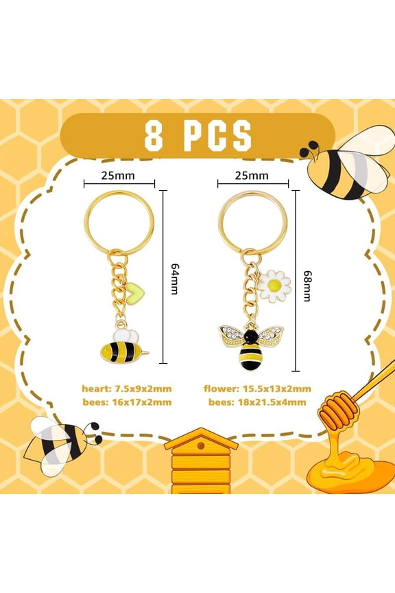 1box 8pcs 2 styles Golden Bee Keychain Rhinestone Honey Bee Keychains Cute Animal Keychain Bumble Bee Keychain Alloy Enamel Insect Key Ring for Women Handbags Purses
