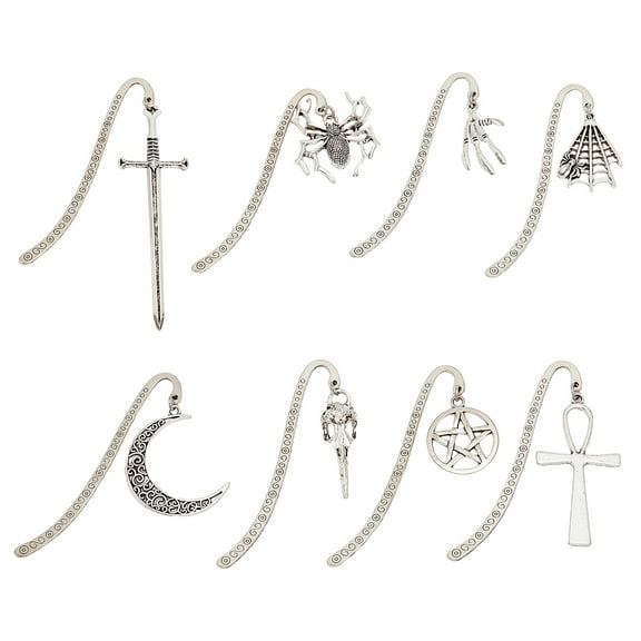 1box 8pcs 8styles Gothic style Alloy Hook Bookmarks Bookmarks for Reading Books Accessories Silver