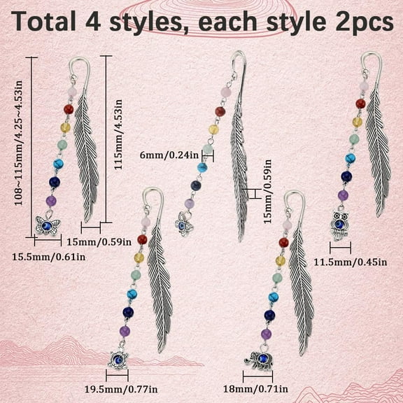 1box 8pcs Beaded Bookmarks Feather Bookmarks with Handmade Lampwork Bead Bookamark Butterfly & Elephant & Tortoise & Owl 115x15x3mm