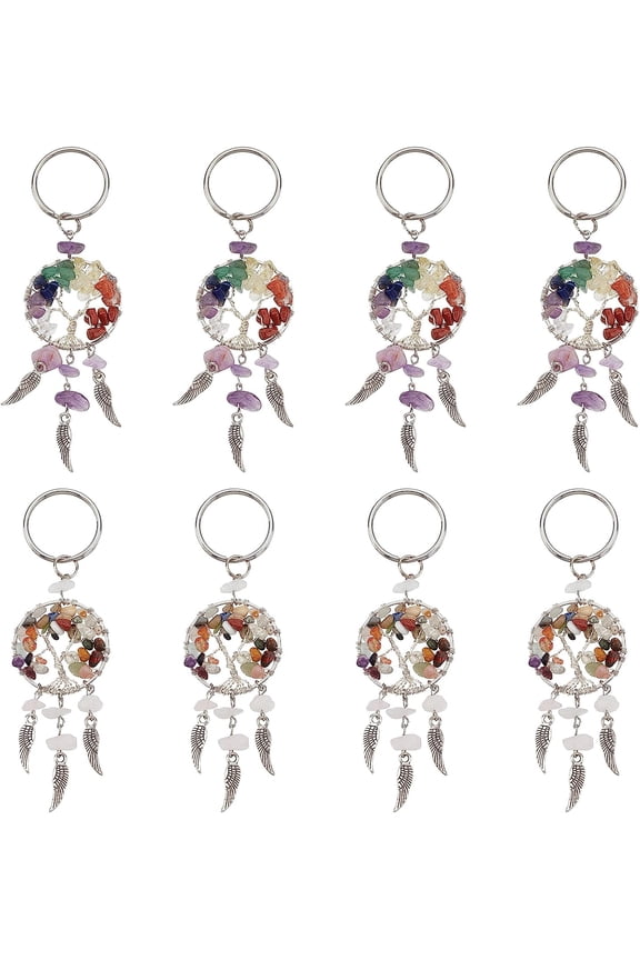 1box 8pcs Dream Catcher Keychain Natural Amethyst Rose Quartz Keychain Tree of Life Pendant Gemstone Feather Charms for Baby Shower Car Keys Birthday Party Gifts Table Favors 4.7"