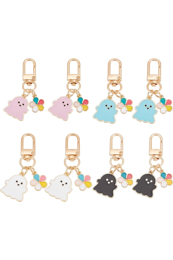 1box 8pcs Keychains 4 color Enamel Ghost Cartoon Keyrings Metal Hanging Key Chain Snap Hook Cute Colorful Pendants for Earphone bag Wallet Backpack Charm Decorations Party Favors