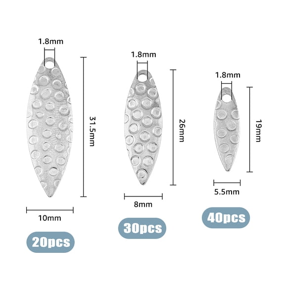 1box 90pcs 3 style Steel Fishing Lures Fishing Attractor Spinner Blades for Hard Lures Worm Spinner Baits Spoons Rigs Making Horse Eye with Polka Dot Pattern Stainless Steel color