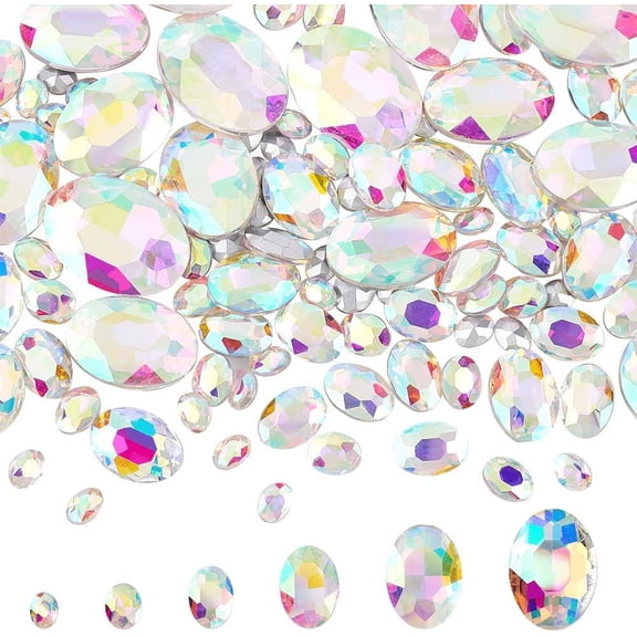 1box 94 Pcs Pointed Back Rhinestone 6 Sizes Glass Rhinestones Gems AB Color Oval Jewels Embelishments with Silver Plated Back Crystals Iridescent Oval Fancy Stone for Jewelry Making Decor Colorful