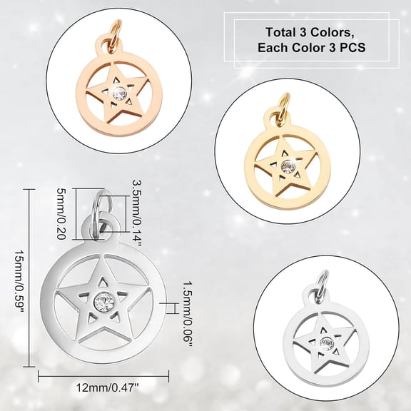 1box 9pcs 3 colors 316 Surgical Stainless Steel with Micro Pave Cubic Zirconia and Jump Ring Long-Lasting Ring with Star Mixed color 15x12x1.5mm Hole: 3.5mm 3pcs/color