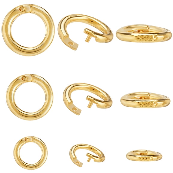 1box 9pcs 3 styles 925 Sterling Silver Lock Jump Ring Round Ring with 925 Stamp Real 24K golden Plated 6~10x1.5mm Inner Diameter: 3.5~6.5mm 3 styles 3pcs/style 9pcs